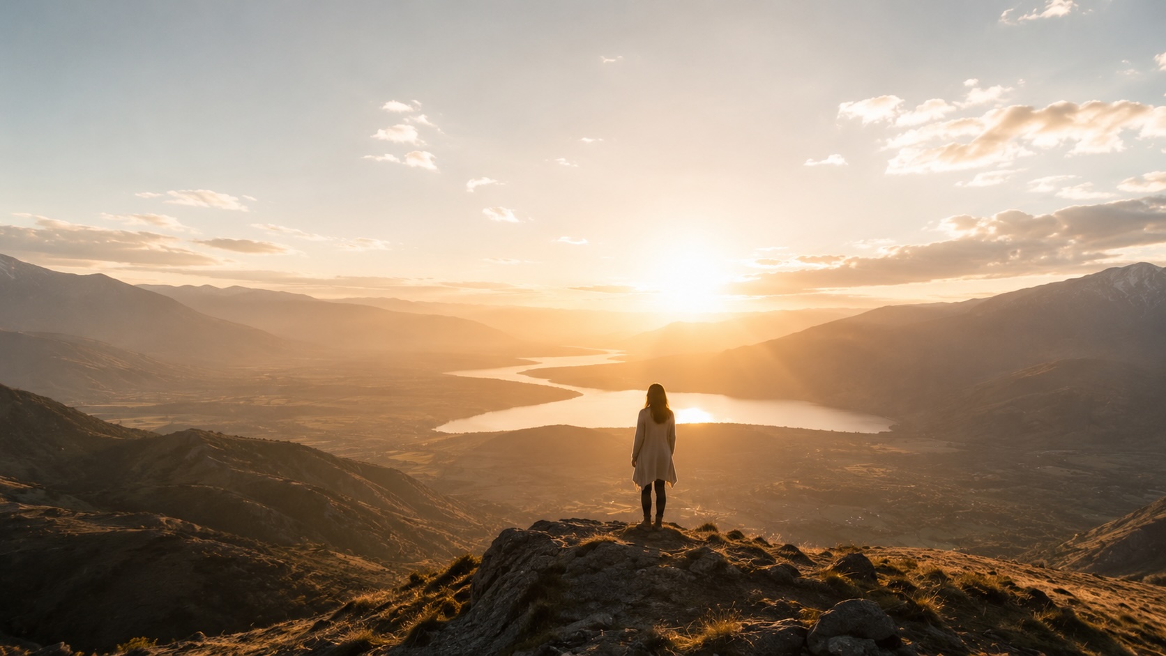 Eine Frau blickt von einem Berg in eine weite sonnenbeschienene Landschaft